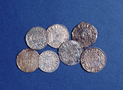 Eine Gruppe von normannischen und angevinischen Münzen, von König Wilhelm I. bis König Heinrich III. von England, 11.-13. Jahrhundert (Vorderseite) von English School