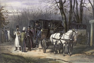 Eine Gruppe von Männern steigt aus ihrer Kutsche aus von English School