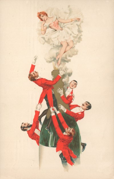 Eine Gruppe von Männern in roten Jacken, die eine Champagnerflasche erklimmen von English School