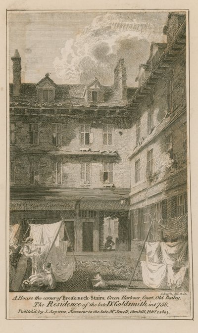 Ein Haus an der Ecke der Breakneck Stairs, Green Harbour Court, Old Bailey, London von English School