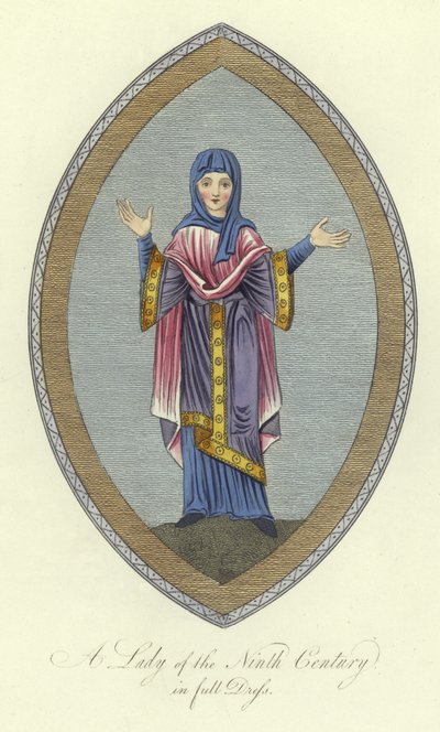 Eine Dame des 9. Jahrhunderts in voller Kleidung von English School