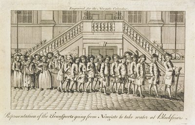 Eine Reihe von angeketteten Sträflingen aus dem Newgate-Gefängnis, Old Bailey, die nach Blackfriars zur Deportation gebracht werden, ca. 1760 von English School