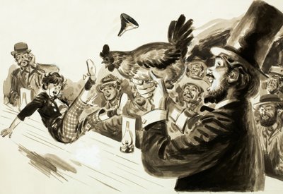 Ein Zauberer zaubert ein Huhn auf der Bühne von English School