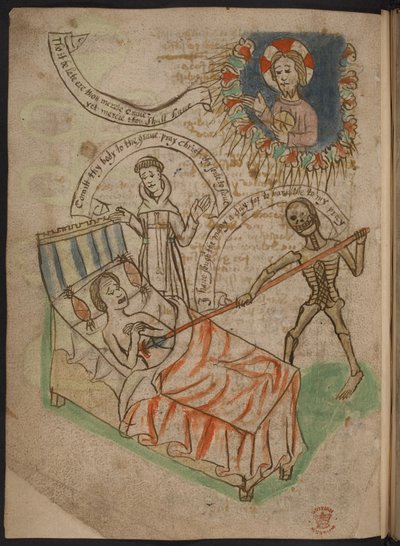 Ein Mann auf seinem Sterbebett, aus einer Kartäuser-Miscellany von Gedichten, Chroniken und Abhandlungen in Nordenglisch, einschließlich einer Zusammenfassung von Mandevilles Reisen, Add MS 37049 f.38v von English School