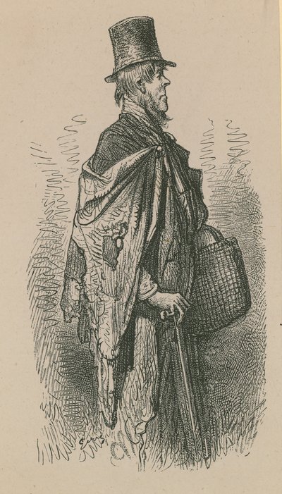 Ein Mann mit Zylinder und Schal, der einen Korb trägt von English School