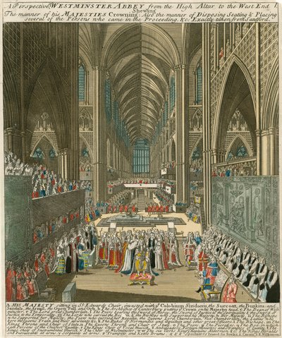 Perspektive der Westminster Abbey vom Hochaltar bis zum Westende bei der Krönung von König Jakob II. von English School