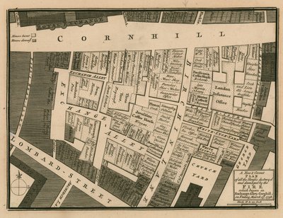 Ein Plan der durch das Feuer zerstörten Häuser, das am 25. März 1748 in Exchange Alley, Cornhill, London, begann von English School