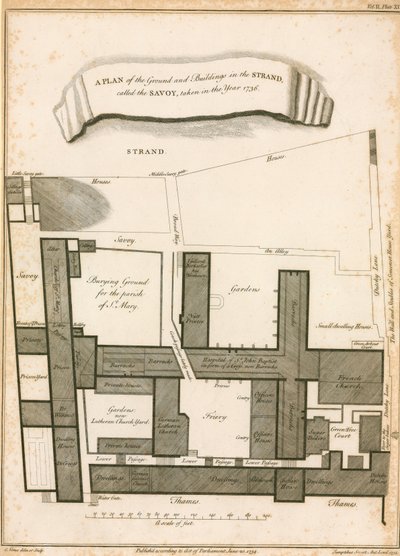 Ein Plan des Geländes und der Gebäude im Strand namens Savoy, aufgenommen im Jahr 1736 von English School
