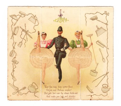 Eine Pop-up-Karte eines Polizisten und zwei Frauen, die den hohen Tritt machen, ca. 1920 (Farblithographie) von English School
