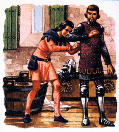 Ein Knappe zeigt, wie er die Rüstung des Schwarzen Prinzen vor der Schlacht von Crécy anlegt von English School