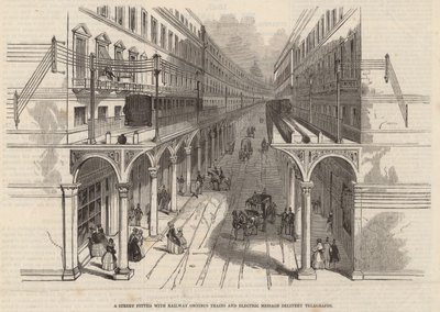 Eine Straße mit Eisenbahn-Omnibussen und elektrischen Nachrichtenübermittlungstelegrafen ausgestattet von English School