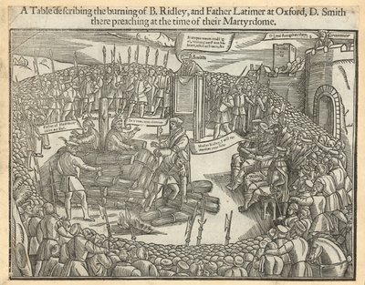 Eine Tafel, die das Verbrennen von Bischof Ridley und Vater Latimer in Oxford beschreibt von English School