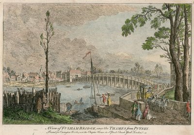 Eine Ansicht der Fulham-Brücke, London, über die Themse von Putney von English School