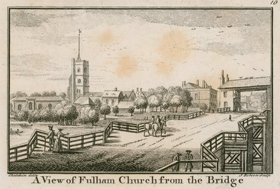 Eine Ansicht der Fulham-Kirche, London, von der Fulham-Brücke von English School