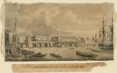 Ansicht der London Bridge vor der letzten Änderung im Jahr 1757 von English School