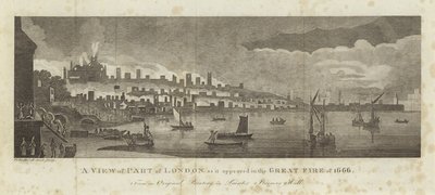 Ein Blick auf einen Teil Londons während des Großen Brandes von 1666 von English School