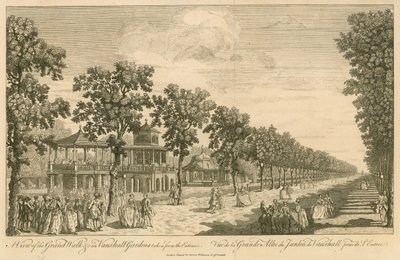 Ansicht des Grand Walk in den Vauxhall Gardens, London, vom Eingang aus gesehen von English School