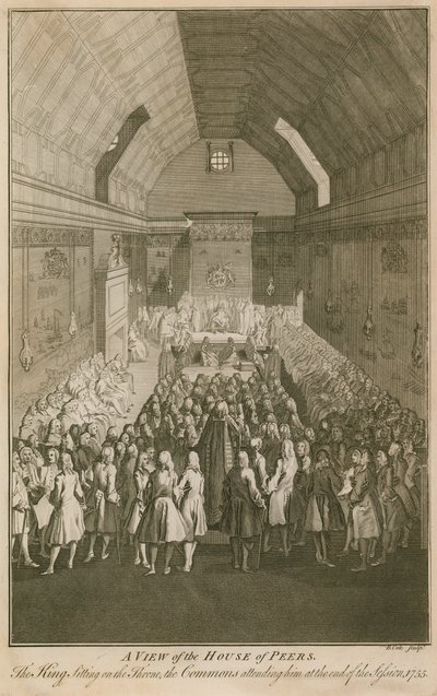 Eine Ansicht des House of Peers, der König sitzt auf dem Thron von English School