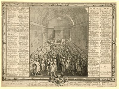 Eine Ansicht des House of Peers, der König sitzt auf seinem Thron, die Commons besuchen ihn am Ende der Sitzung 17412 von English School