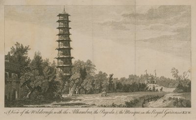 Eine Ansicht der Wildnis mit der Alhambra, der Pagode und der Moschee in den Königlichen Gärten von Kew von English School