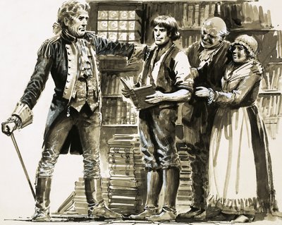 Ein wohlhabender Nachbar sieht Samuel Johnson in einer Buchhandlung arbeiten von English School