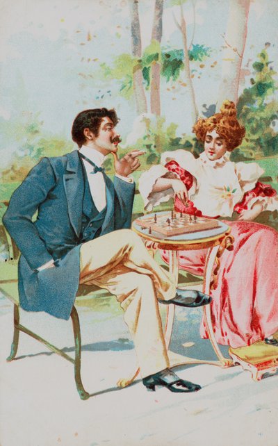 Ein gut gekleidetes Paar spielt Schach im Garten von English School