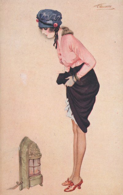 Eine Frau hebt ihren Rock, um ihre Beine an einem kleinen Heizgerät zu wärmen von English School