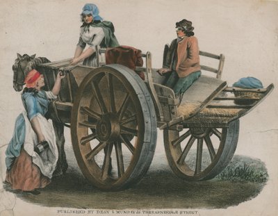 Eine Frau und ein Kind auf einem Pferdewagen von English School