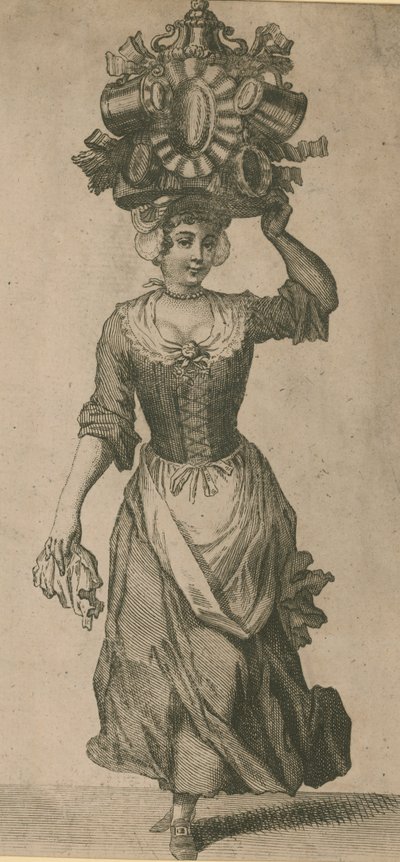 Eine Frau, die verschiedene Metallgegenstände auf dem Kopf trägt von English School