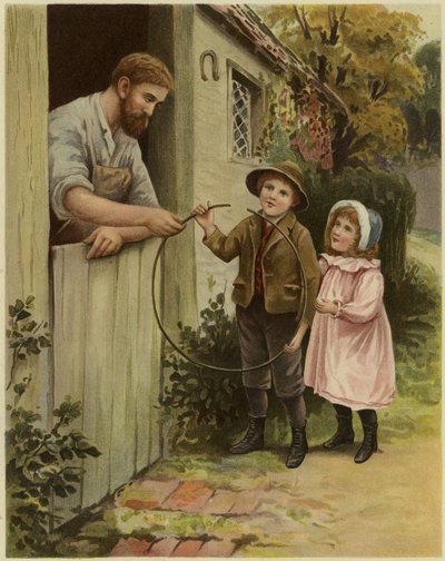 Ein Junge und ein Mädchen geben einen kaputten Reifen einem Schmied zur Reparatur von English School