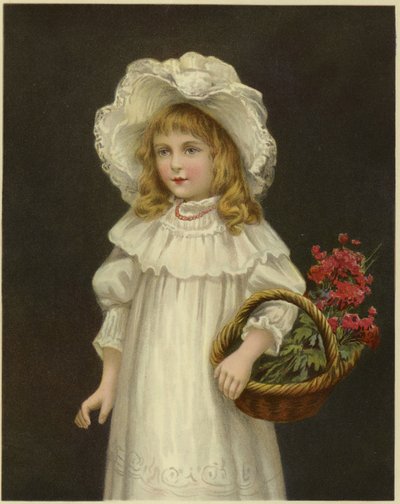 Ein junges Mädchen in Weiß hält einen Korb mit roten Blumen von English School