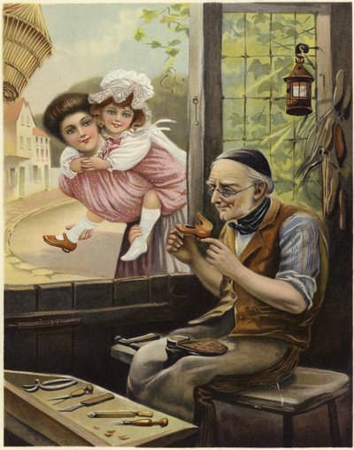 Eine junge Frau und ein kleines Mädchen beobachten einen Schuster bei der Arbeit von English School