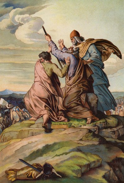 Aaron und Hur halten die Hände von Moses hoch, während Joshua und die Israeliten die Amalekiter besiegen von English School