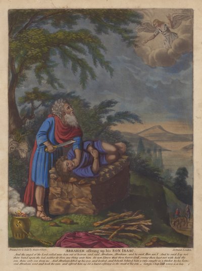 Abraham opfert seinen Sohn Isaak (Farblithografie) von English School