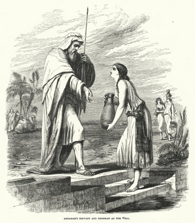 Abrahams Diener und Rebekka am Brunnen (Gravur) von English School