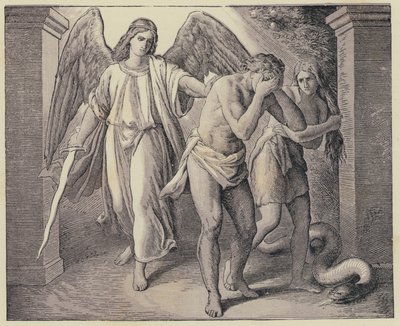 Adam und Eva werden aus dem Garten Eden vertrieben (Gravur) von English School
