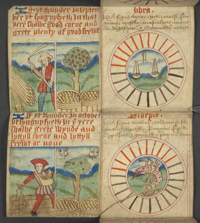 Waage & Skorpion, aus Almanach, enthält Tabelle der dominikanischen Buchstaben und goldenen Zahlen; Anweisungen zur Bestimmung der beweglichen Feste; Kalender der Heiligen, Epochen, Liste der englischen Herrscher, Wettervorhersagen, Einfluss der Zeichen von English School