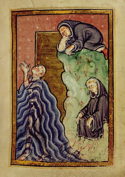 St. Cuthbert betet im Meer, beobachtet von einem Mönch, und lässt seine Füße von Seeottern trocknen, aus 