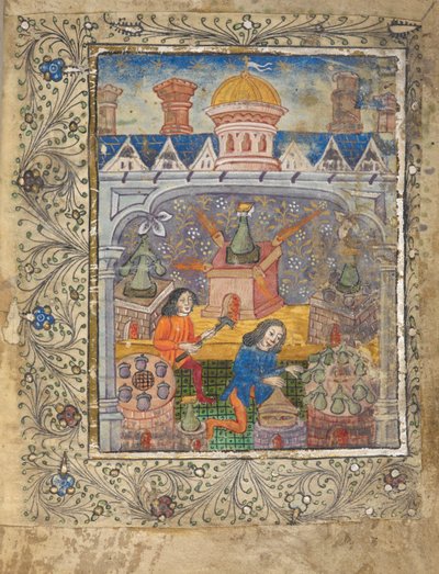 Sieben Öfen mit Destillierapparaten, die von zwei Männern bedient werden, unter einem Dach mit Kuppel und Schornsteinen, ca. 1477 von English School