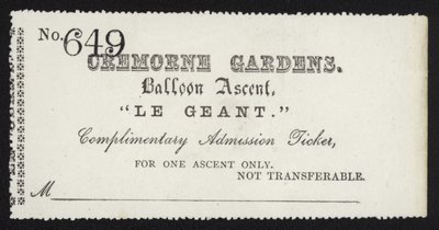 Eintrittskarte für den Aufstieg des Ballons Le Géant aus den Cremorne Gardens, London von English School