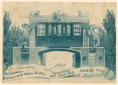 Eintrittskarte zu einer großen Gala und Kostümball in den Ranelagh Gardens, Millbank, London. 1812 von English School
