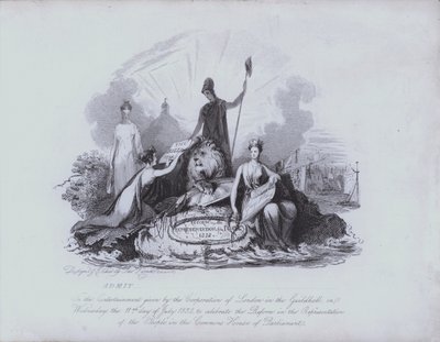 Eintrittskarte zur Unterhaltung in der Guildhall, bereitgestellt von der Corporation of the City of London zur Feier der Verabschiedung des Great Reform Act von 1832 durch das House of Commons von English School