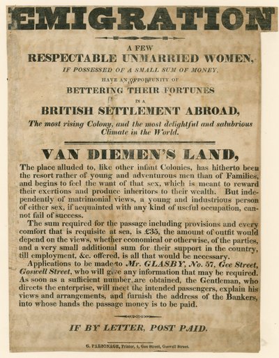 Anzeige zur Auswanderung junger Frauen nach Van Diemens Land von English School