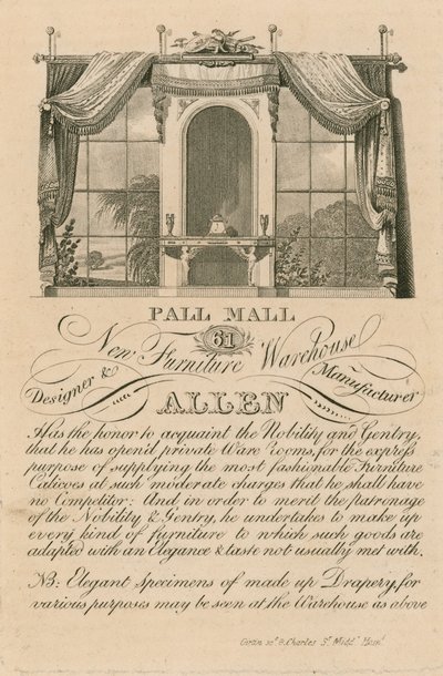 Werbung für Allens neues Möbelhaus, 61 Pall Mall, London von English School