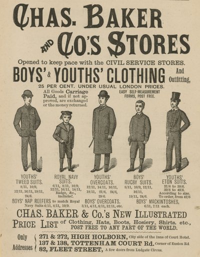 Werbung für Chas Baker & Cos Geschäfte von English School