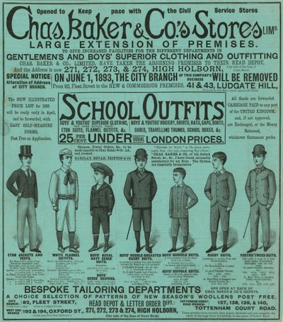Werbung für Chas Baker & Cos Geschäfte von English School