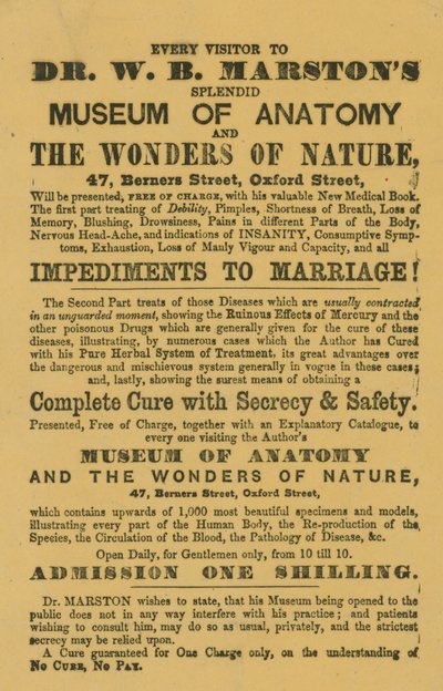Anzeige für Dr. W. B. Marstons Museum der Anatomie und die Wunder der Natur von English School