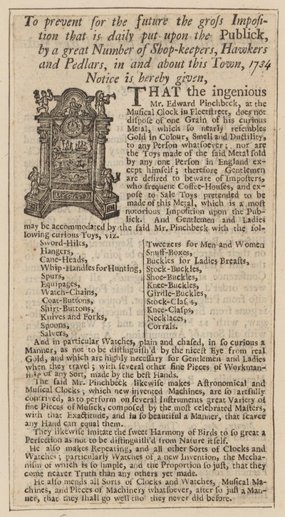 Anzeige für Edward Pinchbeck, Musikalische Uhr, Fleet Street, London, ab 1734 von English School