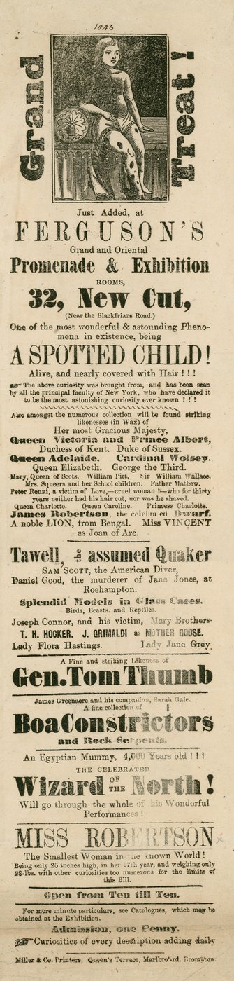 Werbung für Fergusons Grand und Oriental Promenade und Ausstellung, 32 New Cut, Lambeth, London von English School