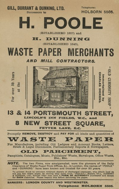 Werbung für H Poole und H Dunning, Altpapierhändler und Mühlenunternehmer von English School
